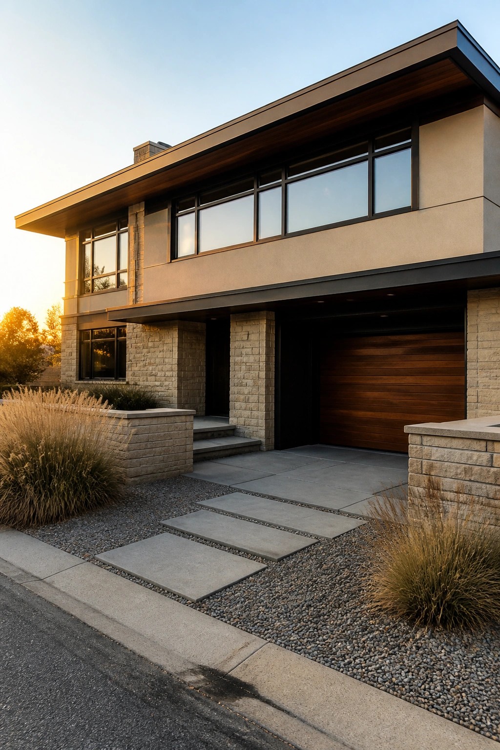Modern two-story house with beige stone walls, a dark wood garage door, and large windows above a stone-paved driveway.