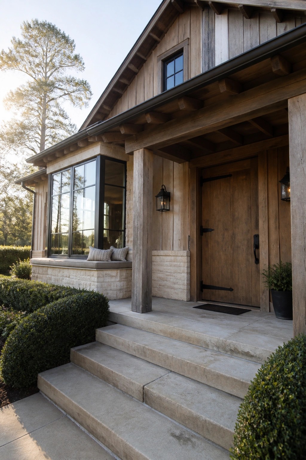 A front view of a wooden house with a light stone foundation, a wooden entry door, black-framed windows, and stone steps leading to a covered porch.
