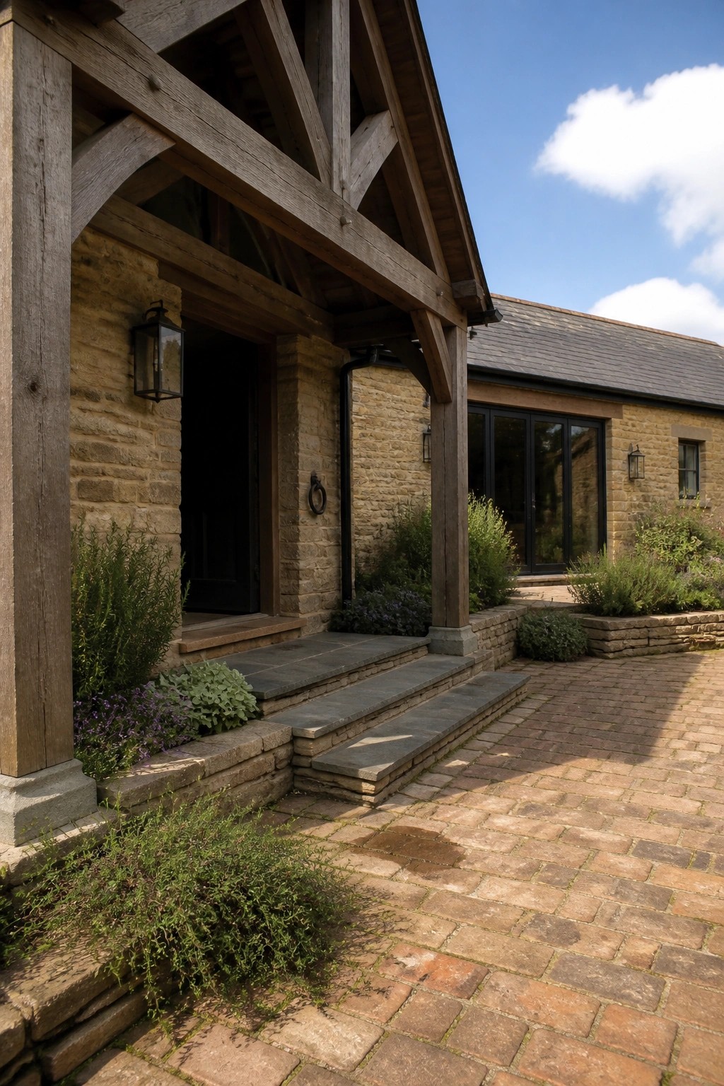 Stone house exterior featuring exposed wooden beams over the entrance, a dark door, steps, and paved driveway with surrounding plants.