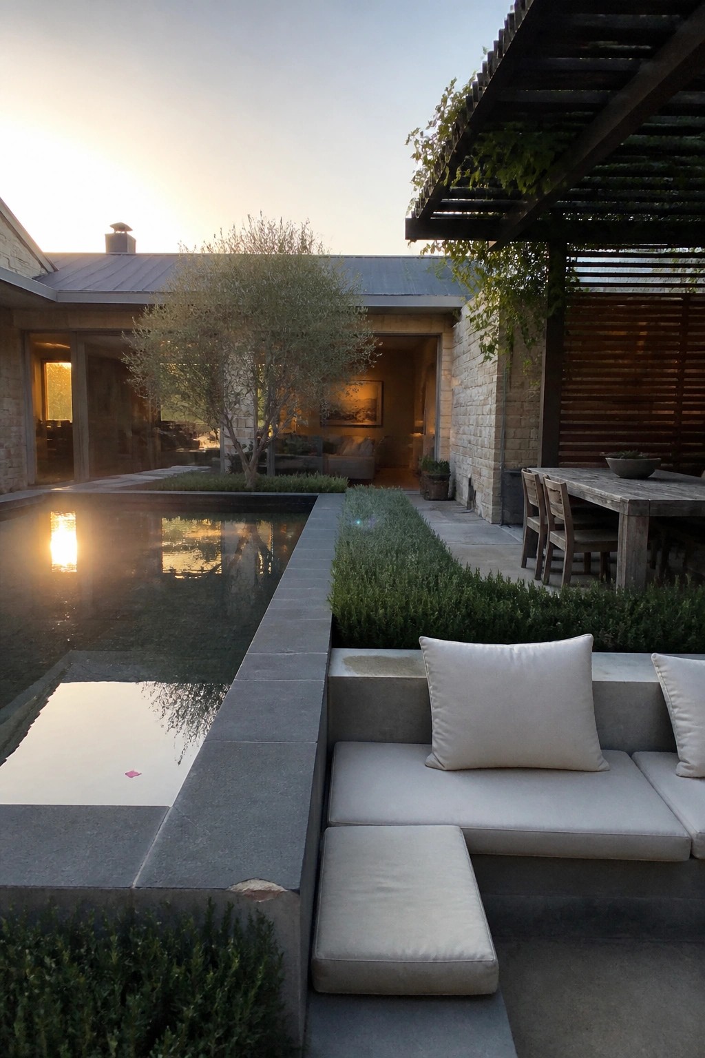 An outdoor patio with built-in stone benches and cushions beside a rectangular pool, a wooden dining table under a pergola, and a stone house visible in the background.