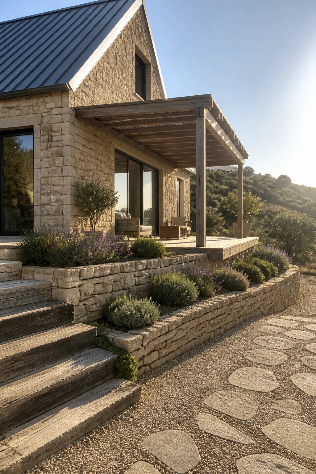 Stone house with wooden pergola, deck, lavender garden, and stone pathway in hills.