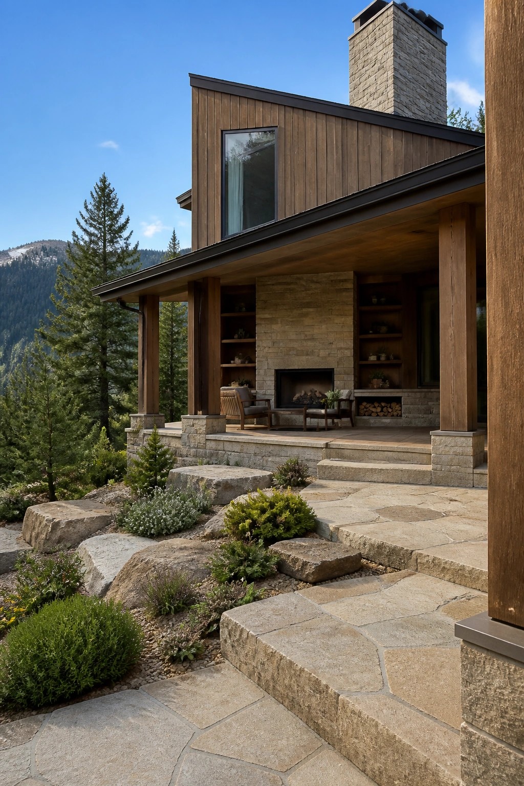 A modern house with wood siding and a large covered porch that includes a built-in stone fireplace, wooden support posts, and wide stone steps leading down to a rocky garden area.
