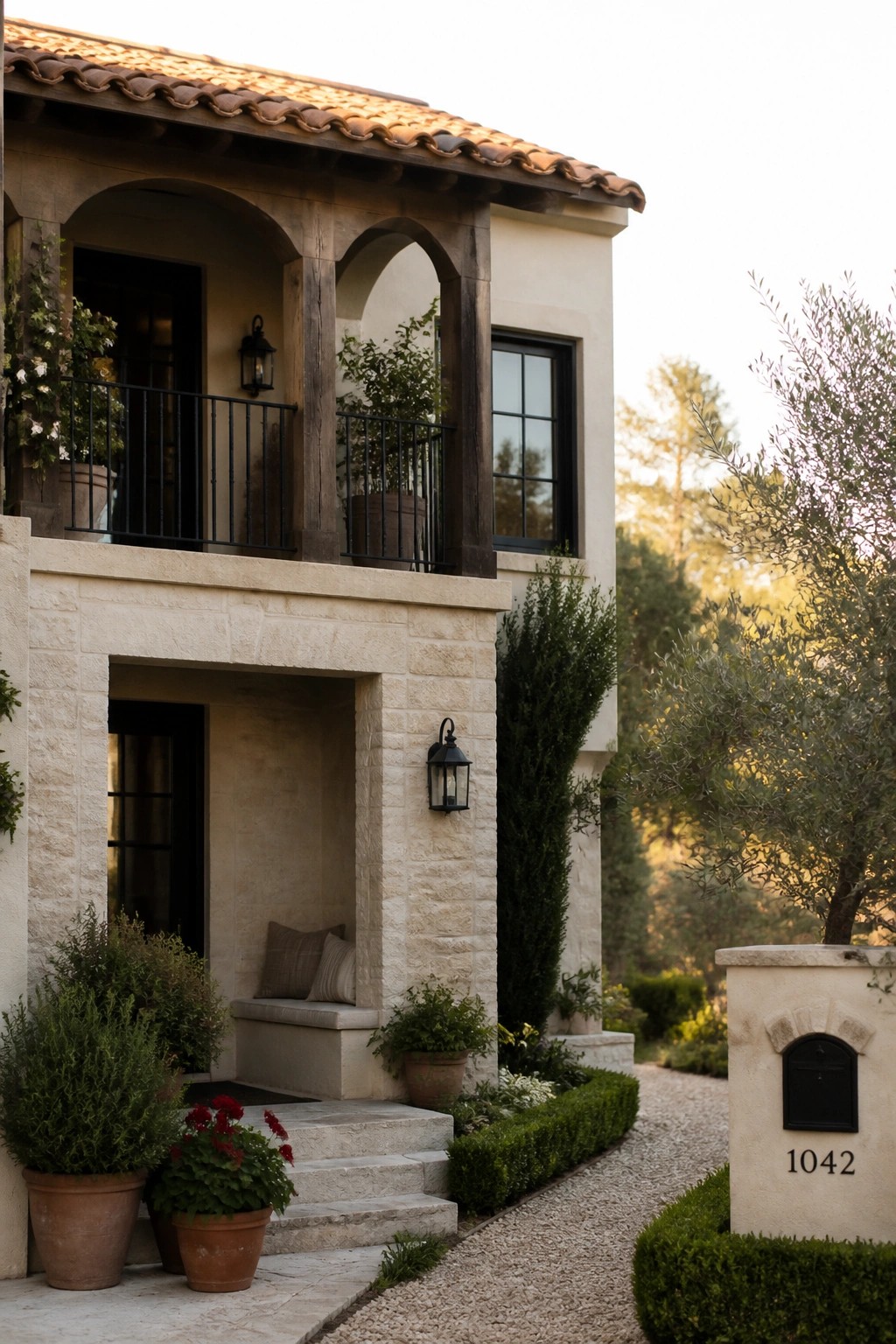 A two-story beige stone house with arched balcony, dark wood beams, tiled roof, and gravel path bordered by potted plants and shrubs.