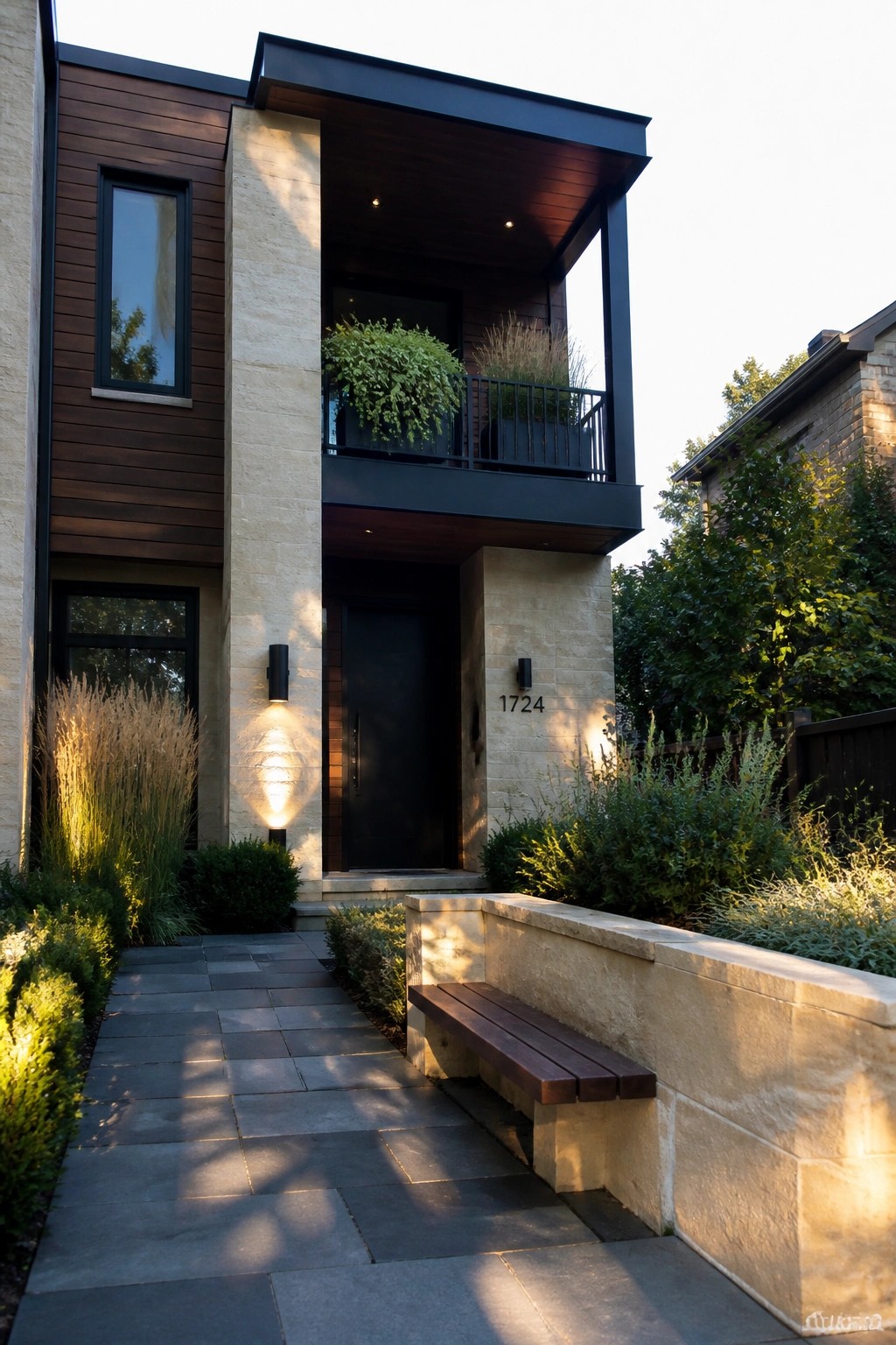 Modern two-story house with wood-stone facade, black door, balcony, bench on stone path.