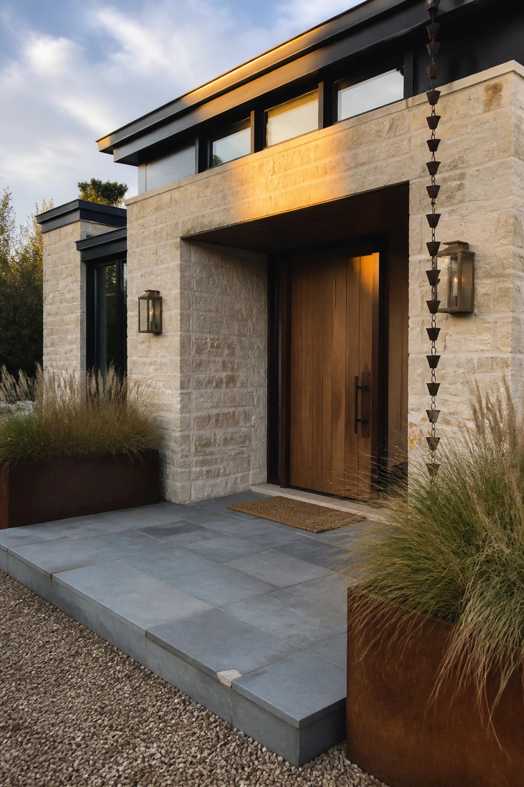 A beige stone house exterior with a tall wooden front door, dark metal overhang, wall lanterns, and rusted metal planters holding tall grasses.