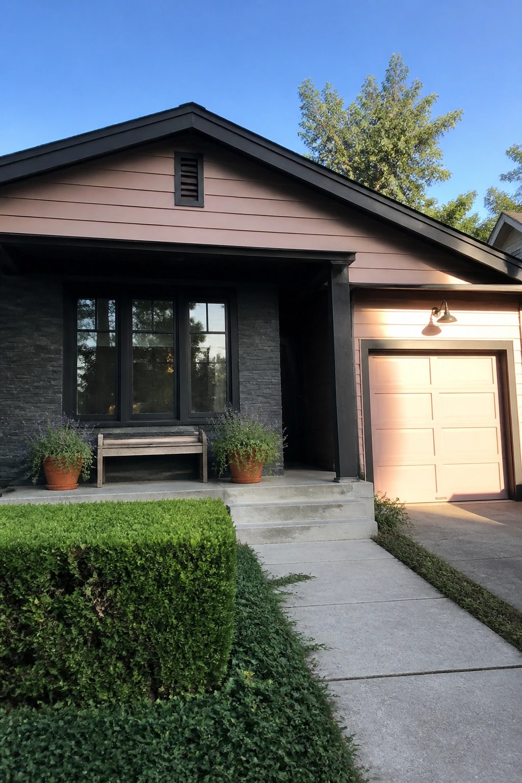 A front view of a single-story house with dusty rose horizontal siding, black window frames, a light pink garage door, and concrete steps flanked by potted plants.