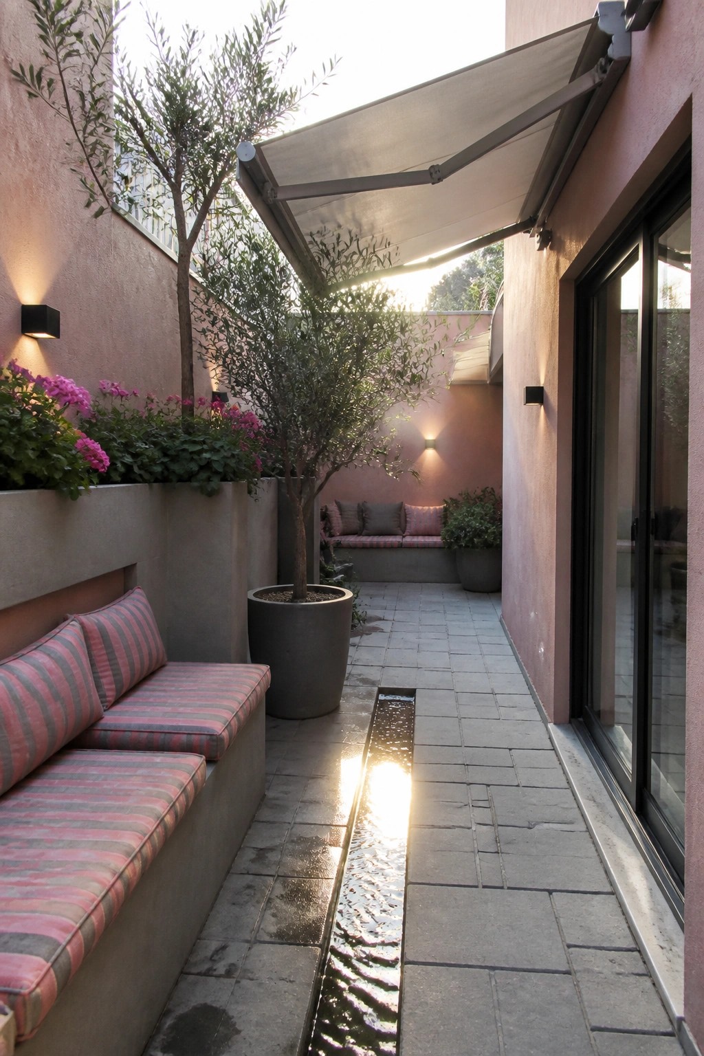 A narrow outdoor courtyard with pink stucco walls, built-in concrete benches with pink and gray striped cushions, a narrow water channel running through the stone floor, and a large potted tree under a retractable awning.