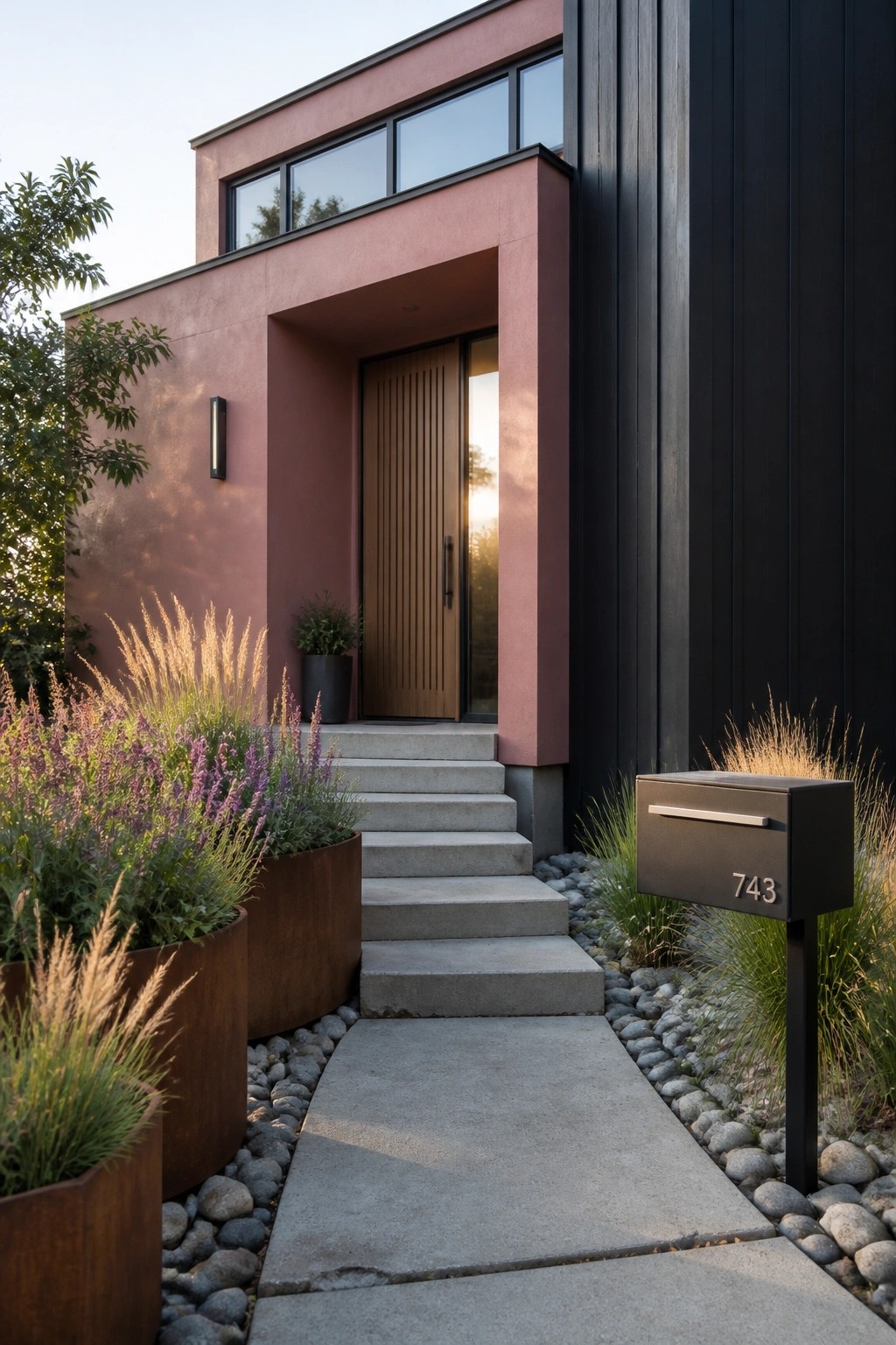 Modern house exterior featuring a dusty pink facade, black vertical siding, recessed wooden entry door, concrete steps, and metal planters with grasses beside a gravel and concrete walkway.