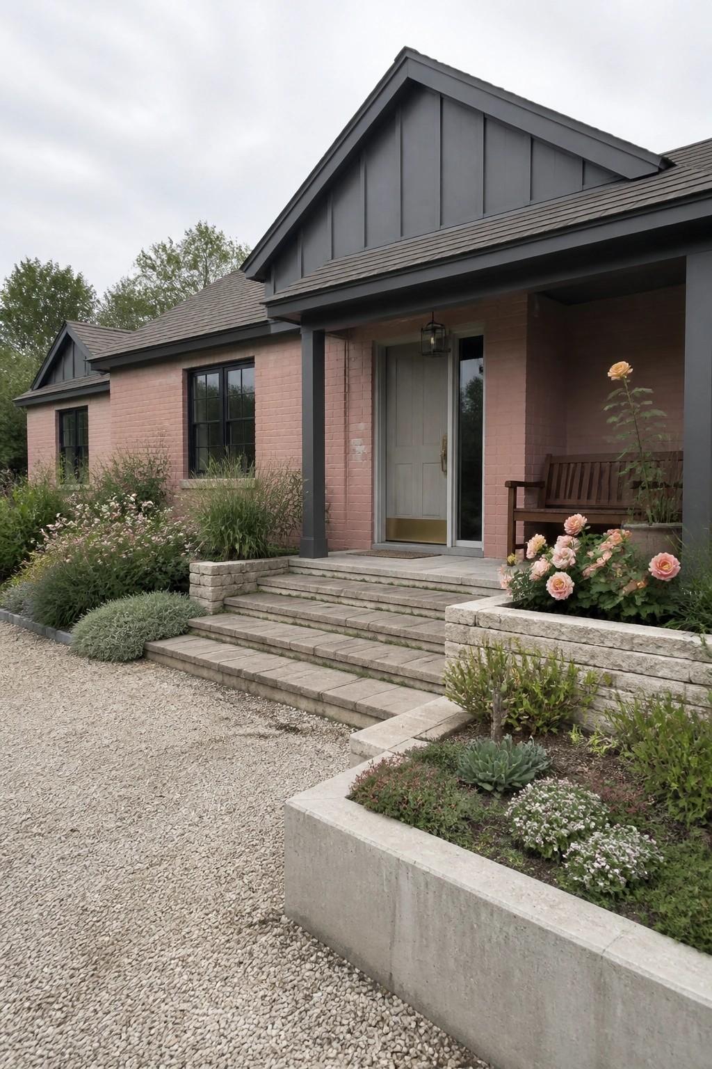 Pink brick house with dark trim, white door, stone steps, and pink roses.