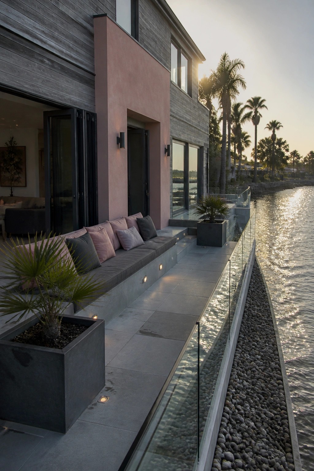 Modern house exterior with pink and gray walls, built-in bench seating, and a waterfront patio at sunset.