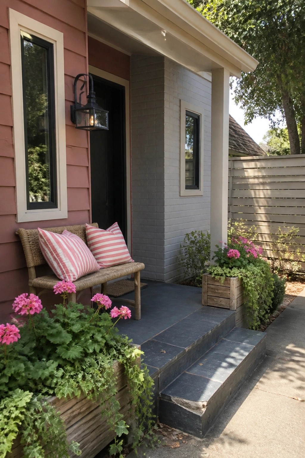 Pink house porch with wicker bench, striped pillows, and pink flower planters.