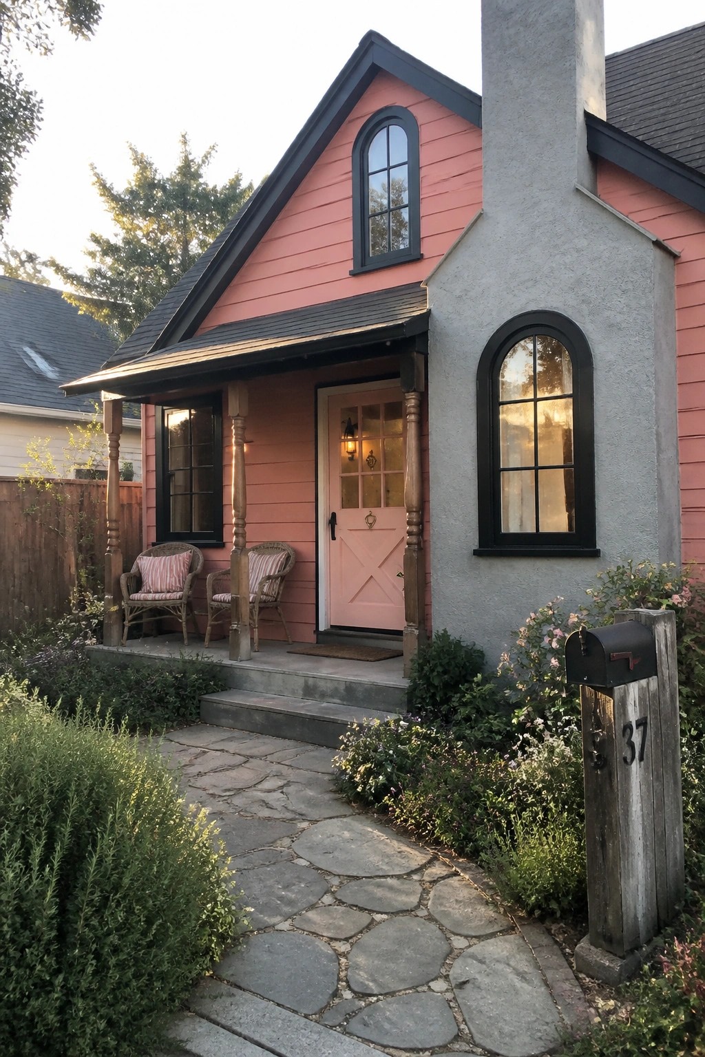 Pink cottage with arched windows, pink door, wicker chairs, stone path, and mailbox 37.