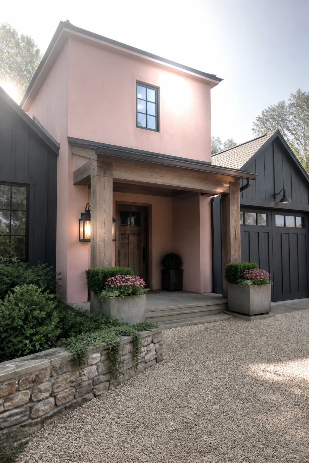 A two-story pink stucco house with dark gray trim, wooden entry porch, and attached garage on a gravel driveway.