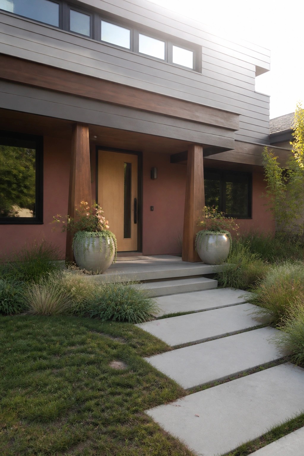 A modern house exterior with dusty pink walls on the lower level, gray horizontal siding above, wooden support columns, a light wood front door, and two large planters beside the concrete steps.