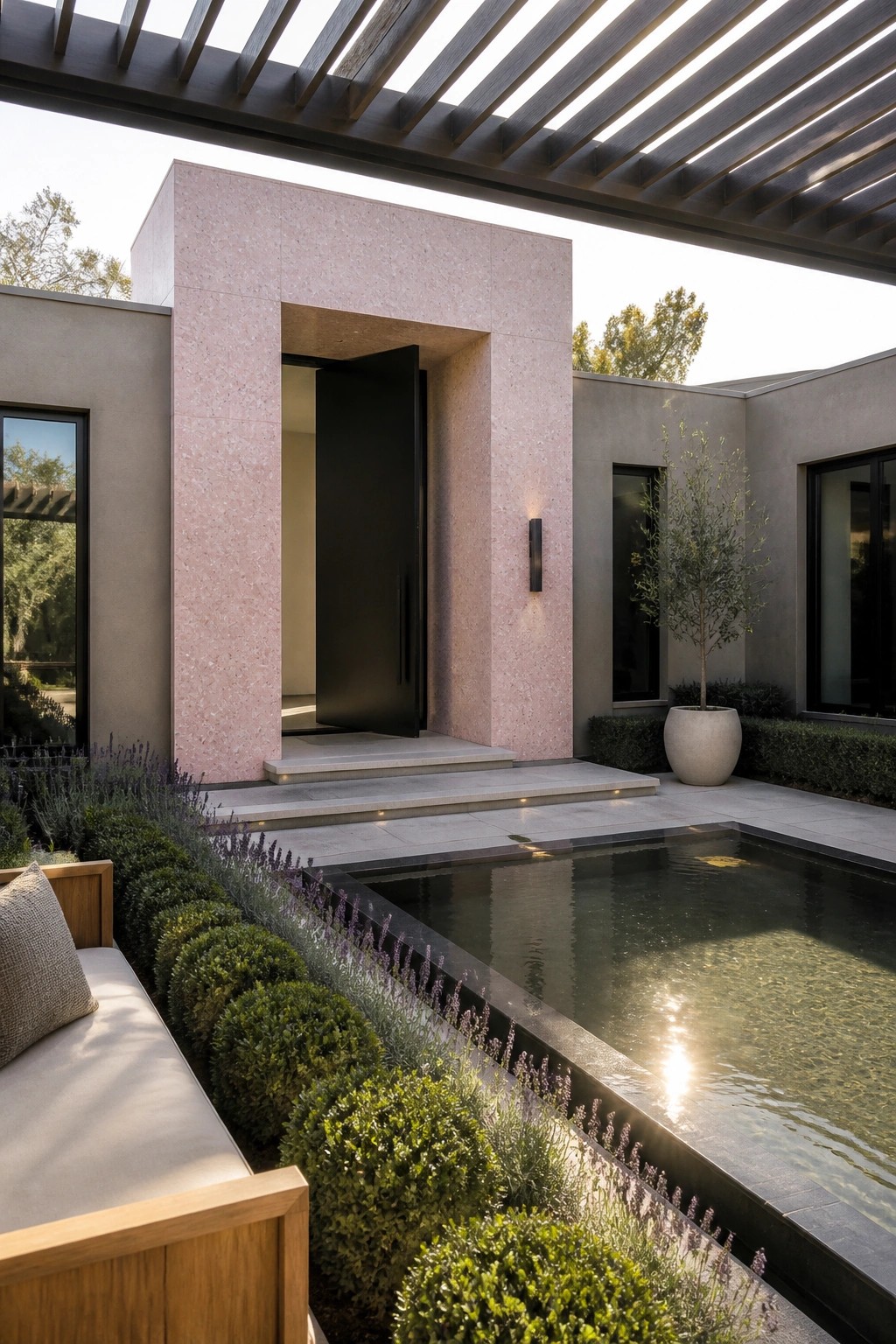 Modern pink stone entry with open black door beside a serene pool and garden patio