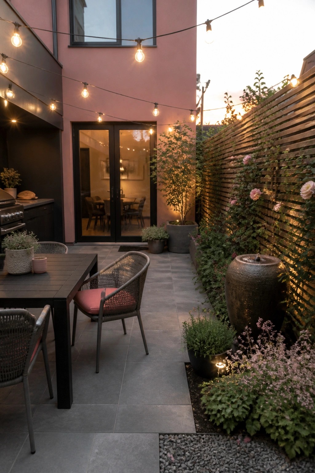An outdoor patio with a dark wood dining table, woven chairs with pink cushions on gray tiles, string lights overhead, a pink building wall with black-framed glass doors, and a landscaped side area with potted plants, a large dark pot, and a wooden fence.