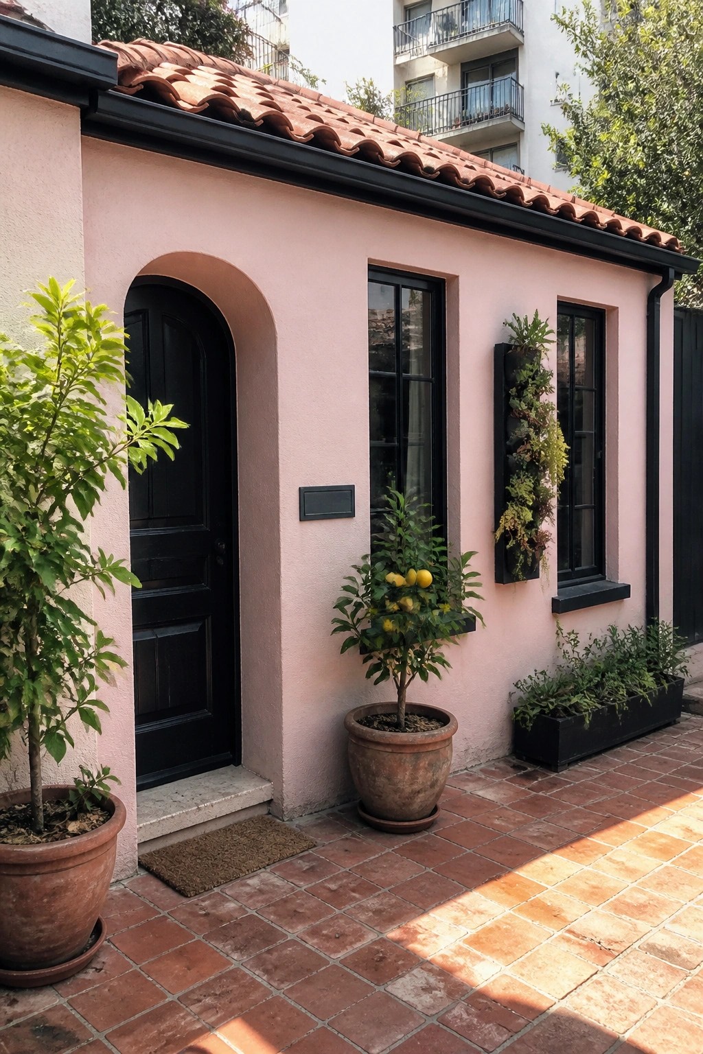 A single-story pink stucco house with a red clay tile roof, black arched door, black windows, and potted plants on a brick patio.