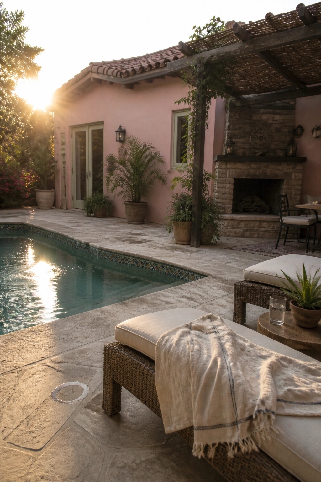 Pink stucco house with red clay tile roof, stone fireplace under wooden pergola, swimming pool, and woven lounge chairs on the patio.