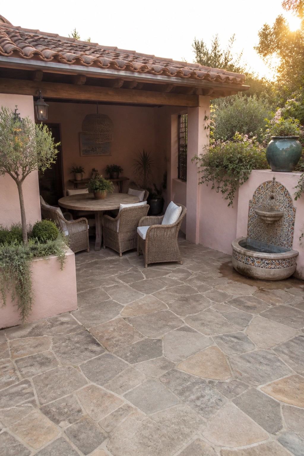 A stone patio with wicker seating, a round table, and pink stucco walls that include a decorative fountain, all under a red clay tile roof.