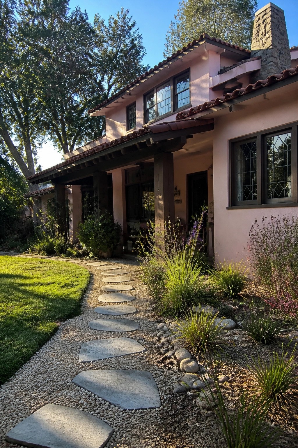 A pink stucco house with a red clay tile roof, dark wood beams, a stone chimney, and a gravel path with stepping stones leading to the entrance.