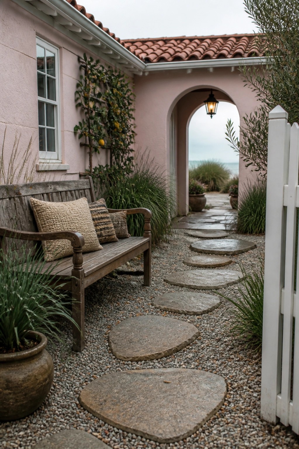 Gravel path with stepping stones leads through pink archway to ocean, bench nearby.