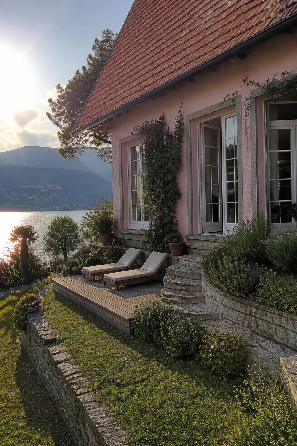 A pink house with a red clay tile roof, white-framed windows, stone steps, and two lounge chairs on a wooden deck overlooking a lake and hills.