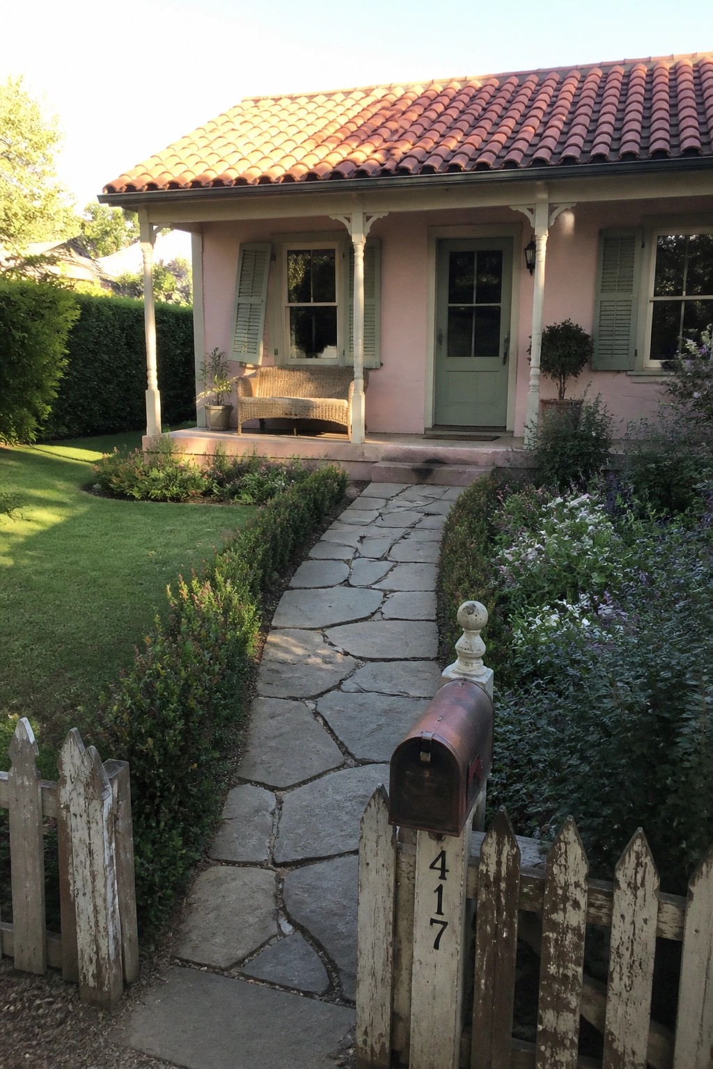 A single-story pink house with a red clay tile roof, green front door and shutters, and a stone path leading to the porch.