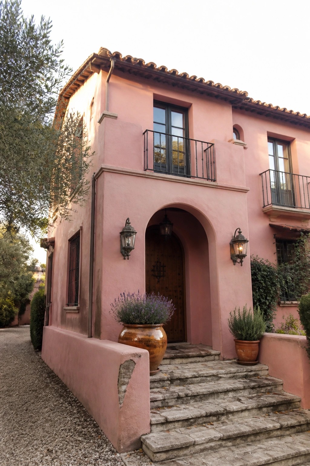 Pink stucco house with arched wooden door, stone steps, and potted lavender plants.