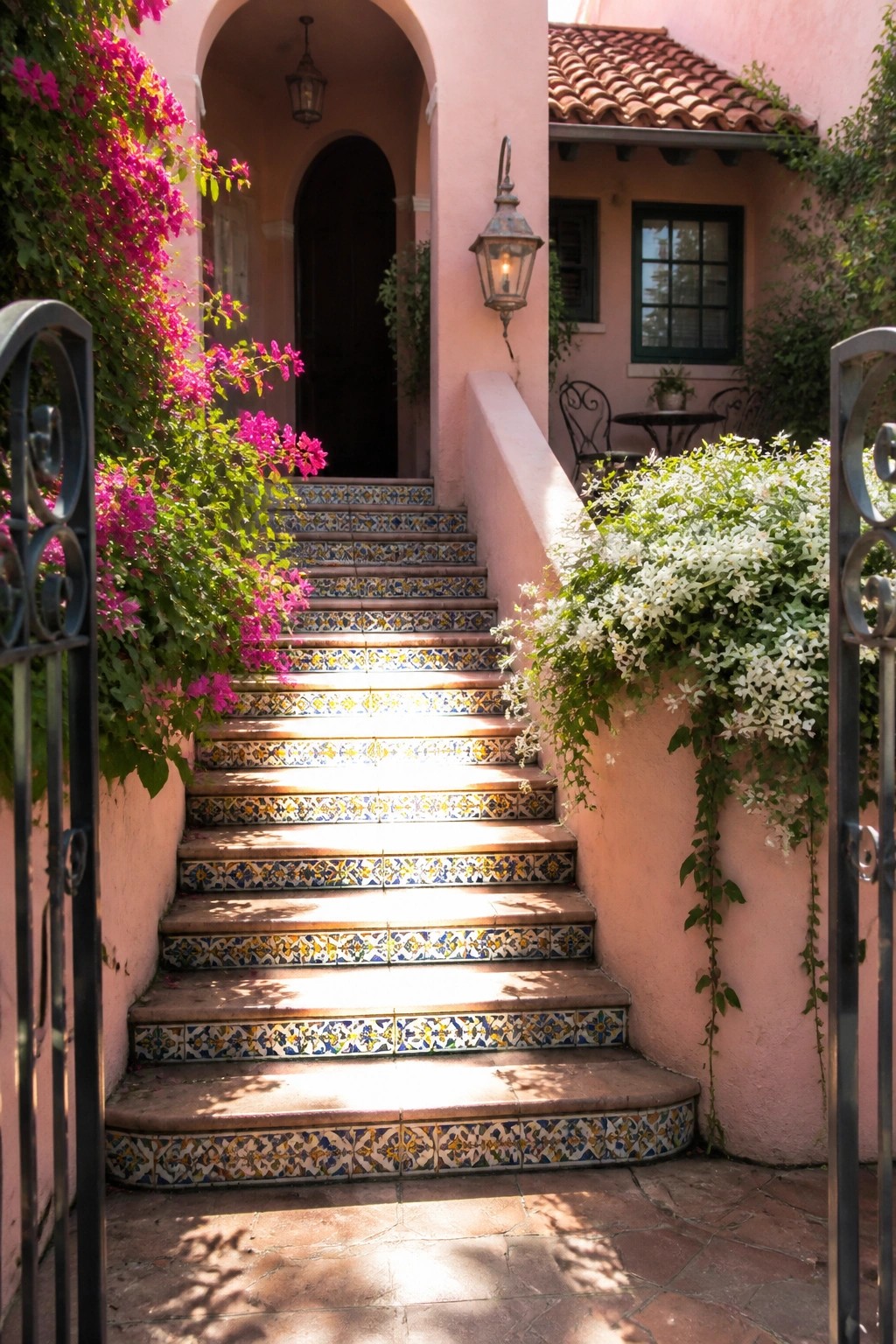 Pink stucco stairs with colorful mosaic tiles amid pink and white flowers