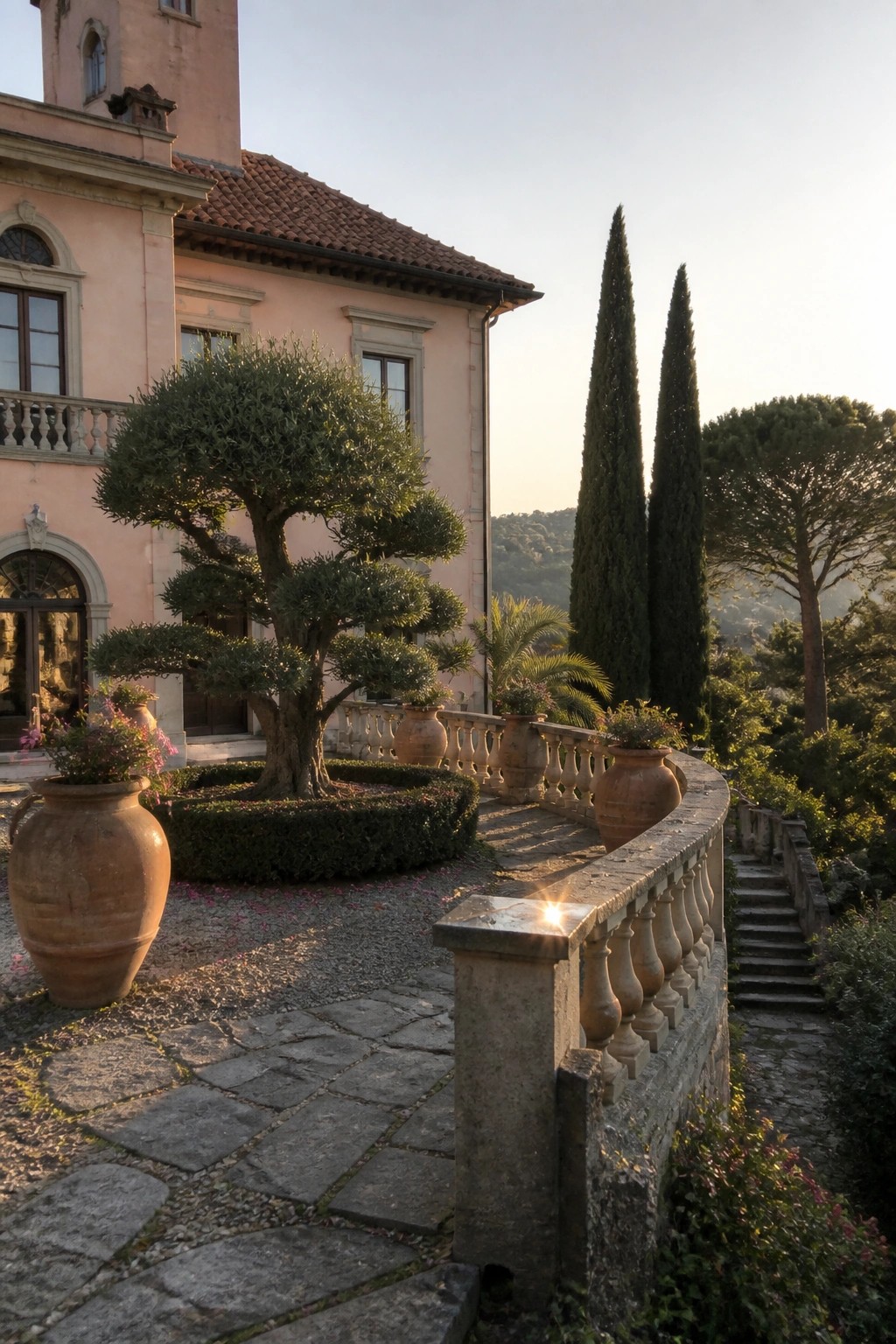 Pink villa terrace with terracotta pots, topiary trees, cypress, and stone balustrade.