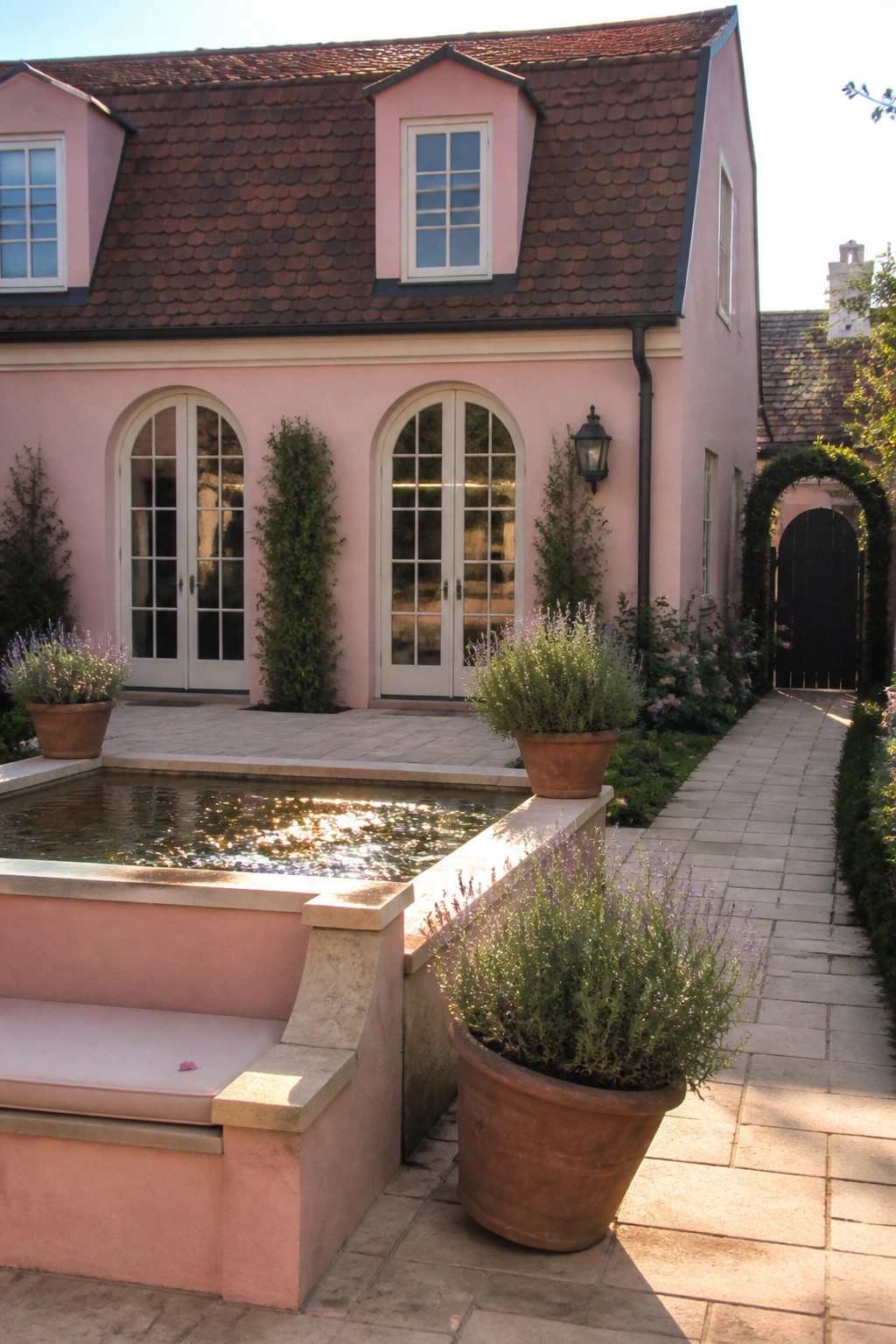 A two-story pink stucco house with a red clay tile roof, arched French doors, and a stone-edged reflecting pool in the foreground.