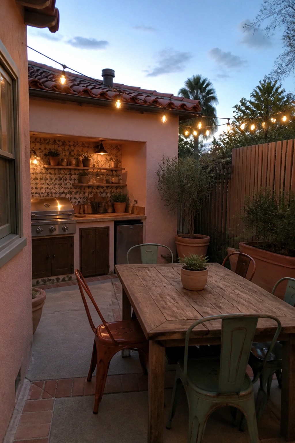A wooden outdoor dining table with mixed metal chairs sits on a concrete patio beside a pink stucco house with a built-in outdoor kitchen, grill, and red clay tile roof, string lights strung above.