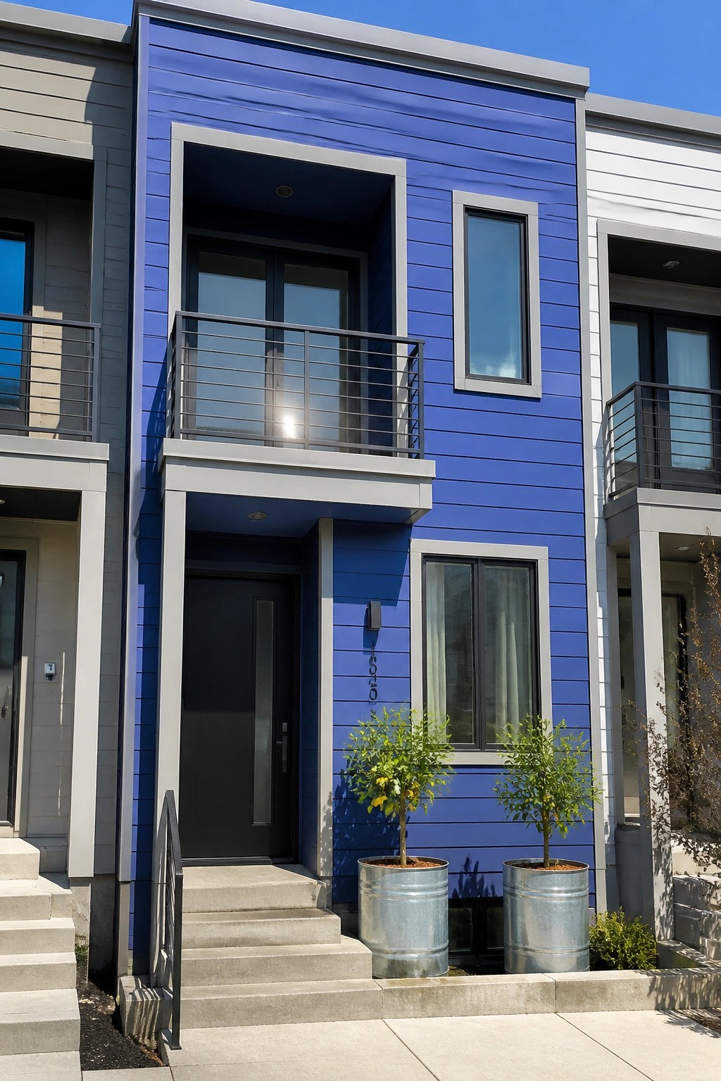 Modern blue townhouse with balcony, black door, steps, and barrel planters.