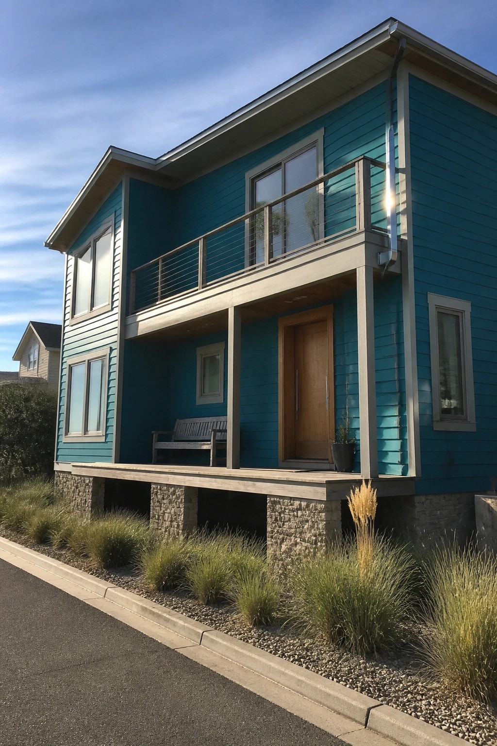 A modern two-story house painted in bold teal siding with a stone foundation and neutral gray trim.