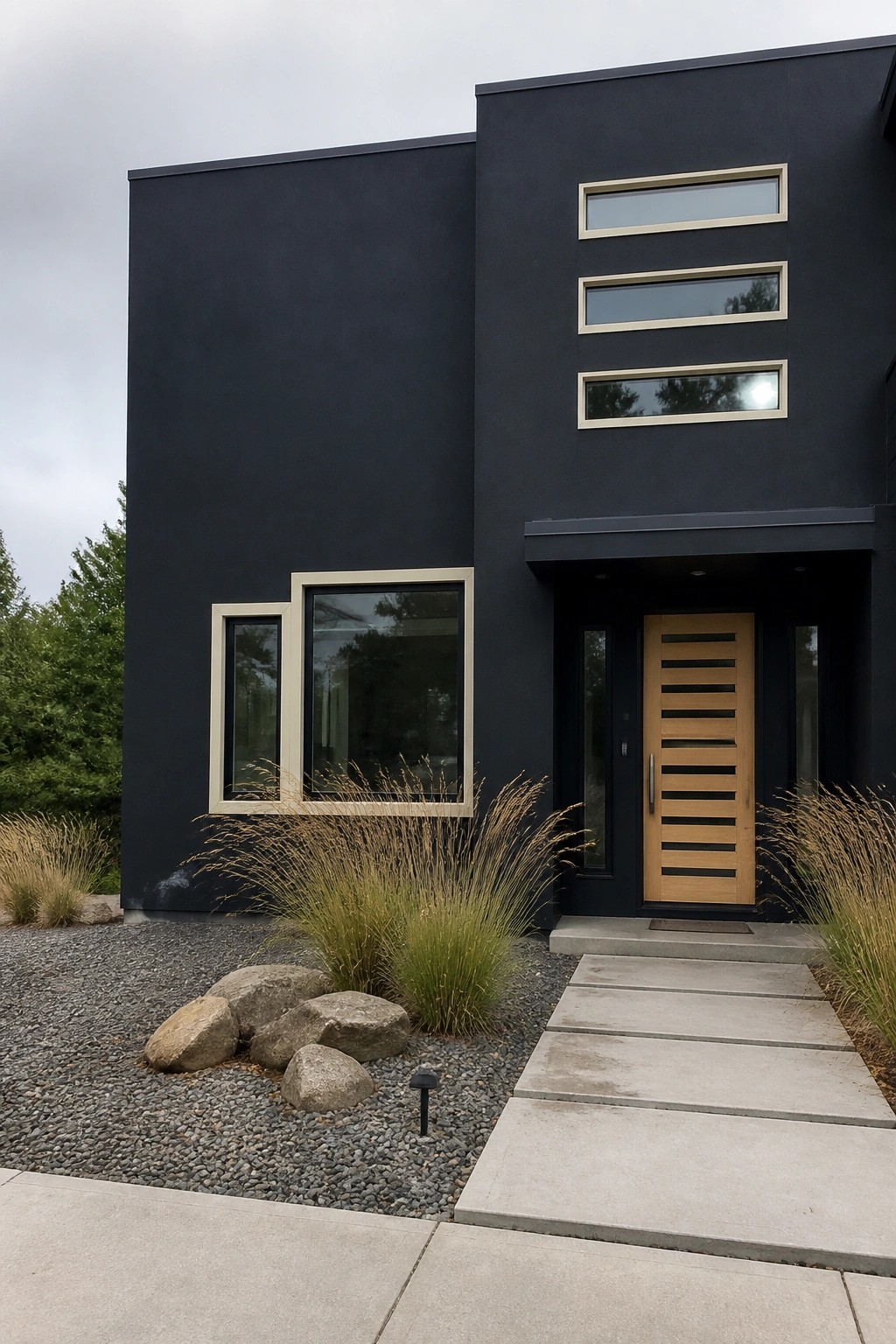 Modern house exterior painted deep charcoal black with cream window trim and a wood front door.