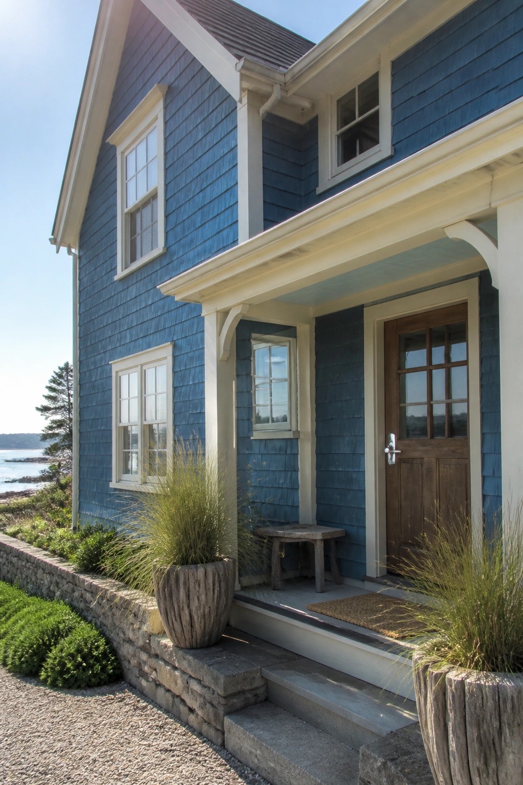 Blue shingled house with white trim, wooden door, potted grasses, and stone steps.