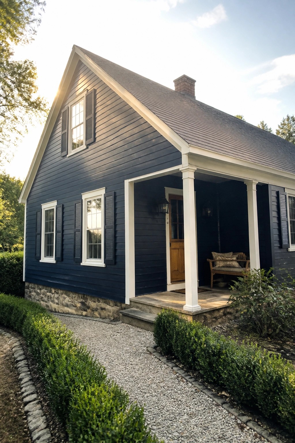 Dark blue house with white porch columns, black shutters, and gravel path
