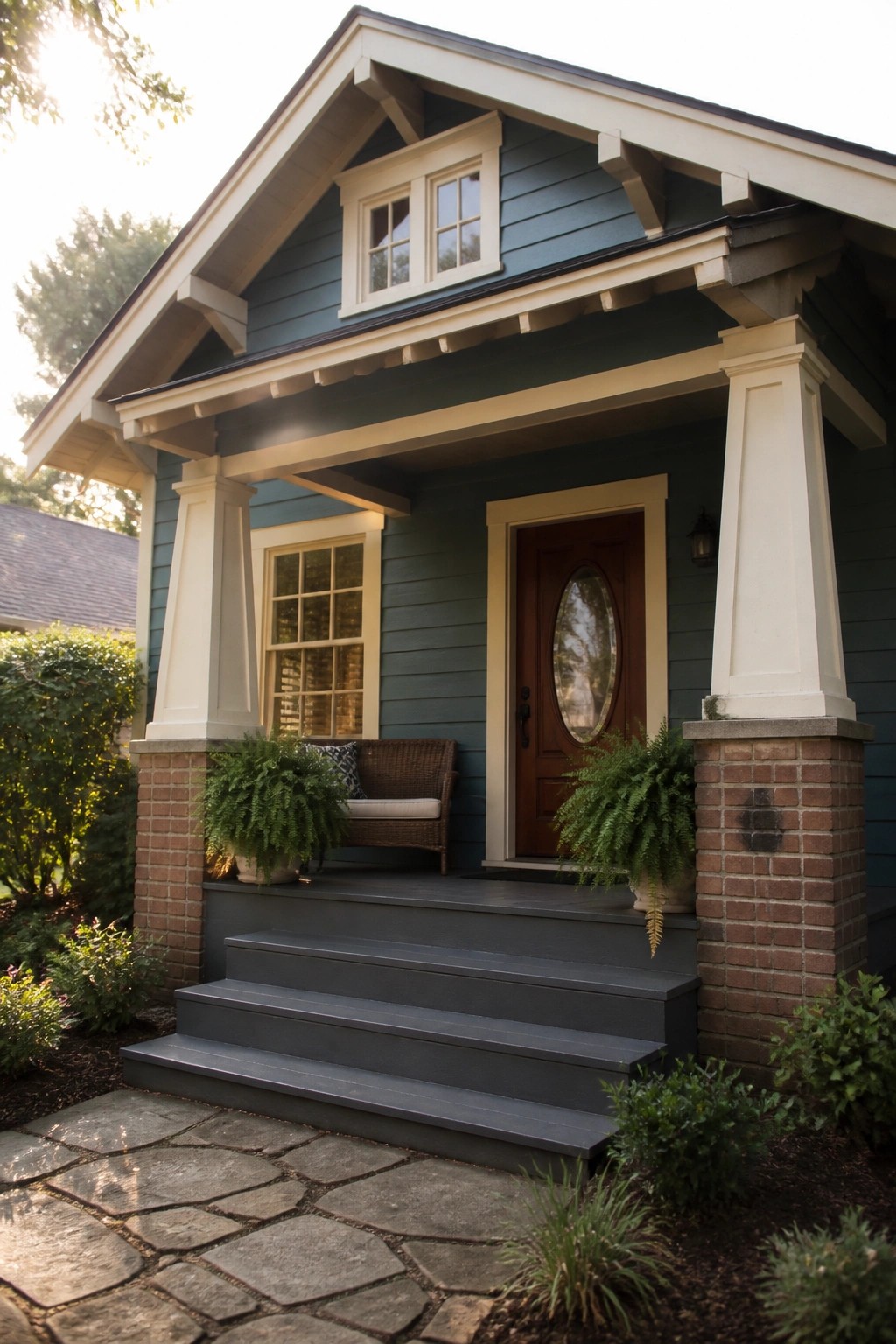 A house exterior painted in deep teal siding with white trim and red brick porch supports.
