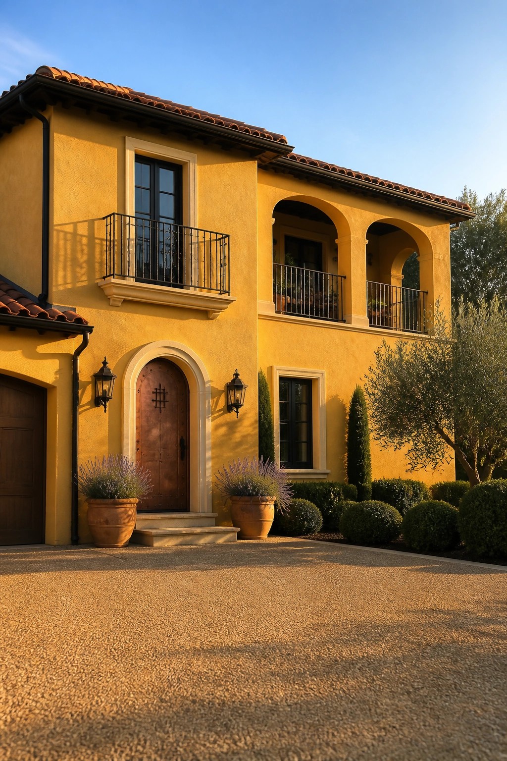 Yellow Mediterranean house with terracotta roof, arched door, balconies, and lavender pots.