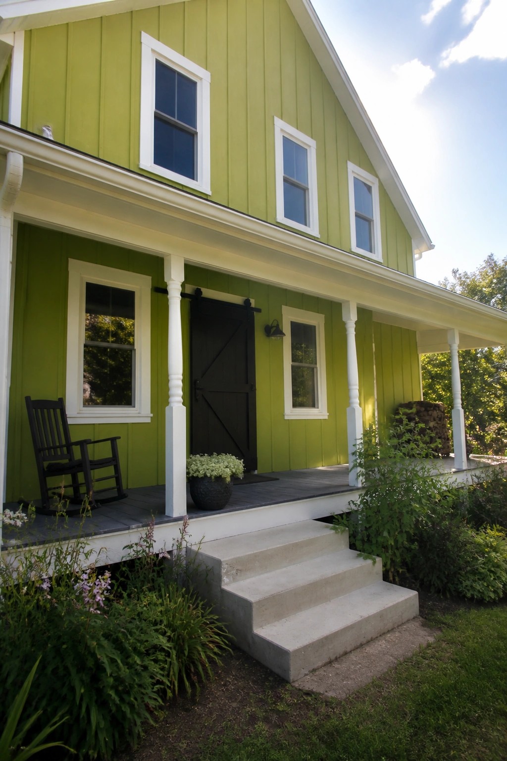 A two-story house with bright lime green siding, white trim, and a black front door.