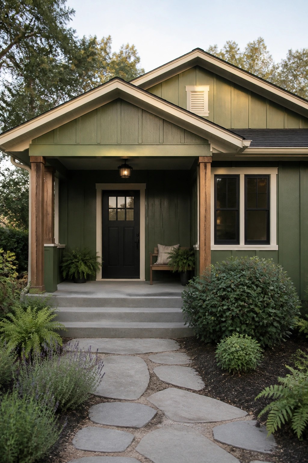 A green painted house exterior with wood porch posts and a stone path.
