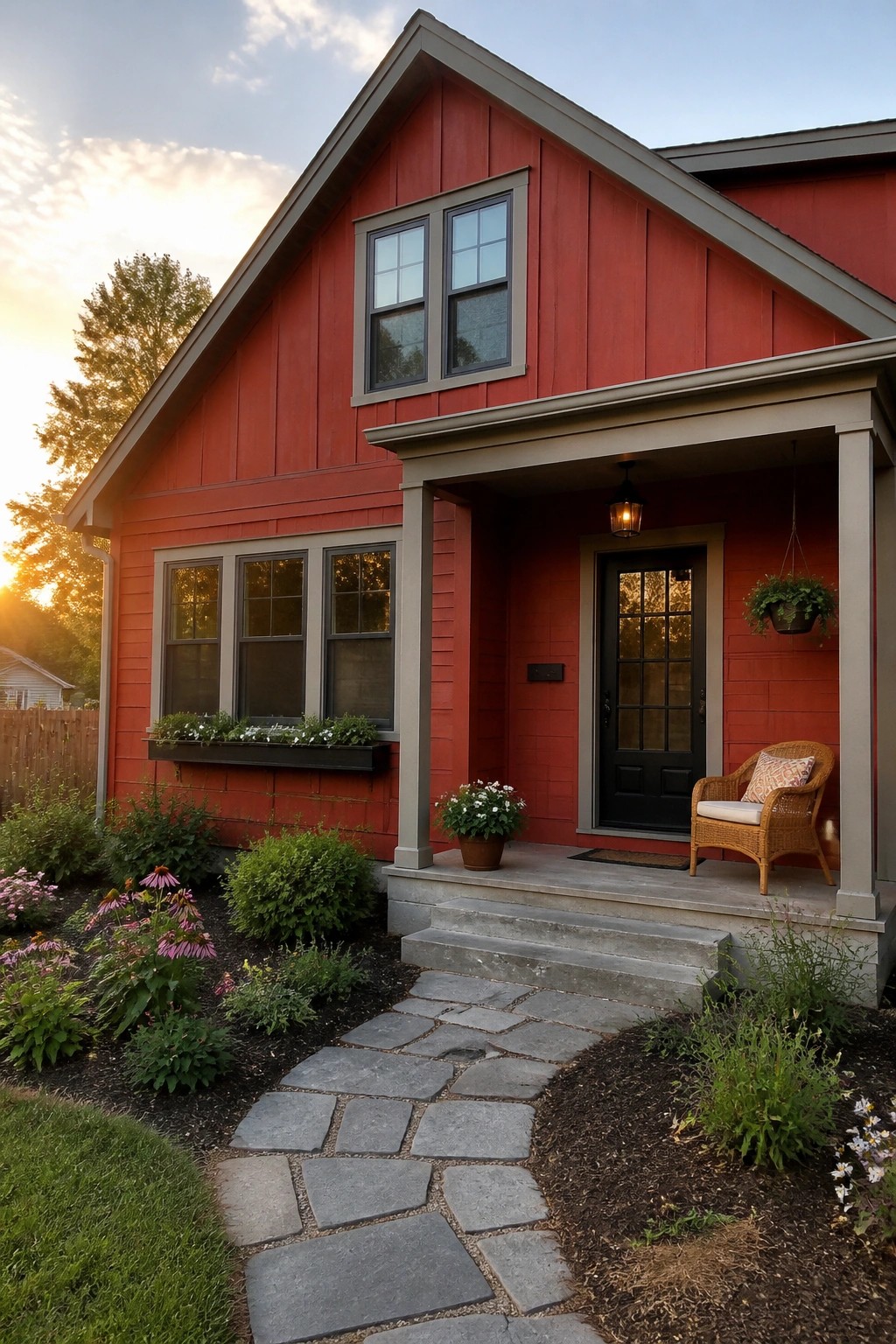 A red house exterior with neutral trim and a stone walkway to the porch.