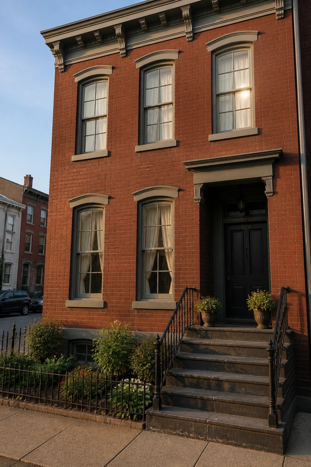 Red brick townhouse with black door, stone steps, potted plants, and garden.