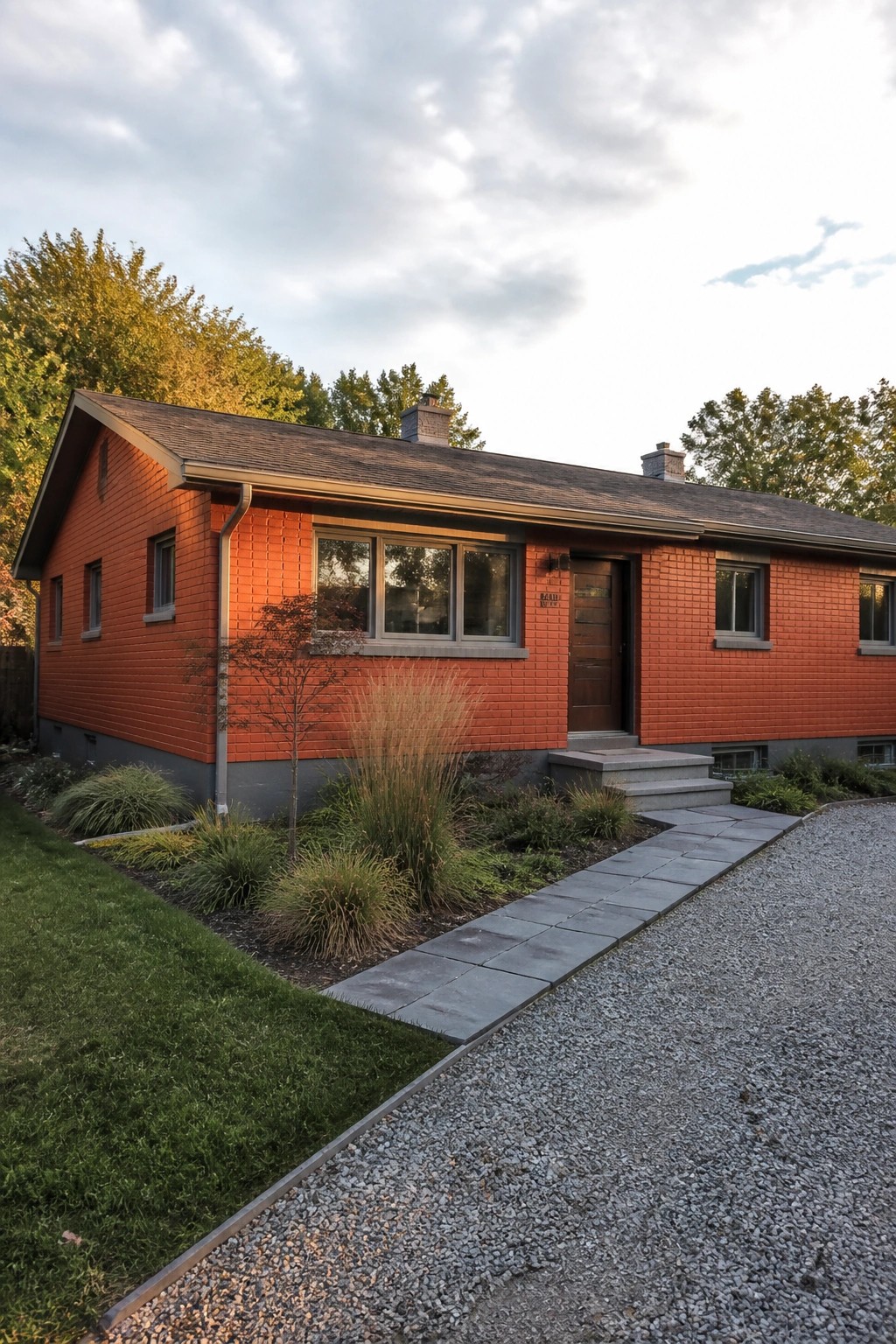 Red brick ranch house with stone path, gravel driveway, and landscaped garden at dusk.