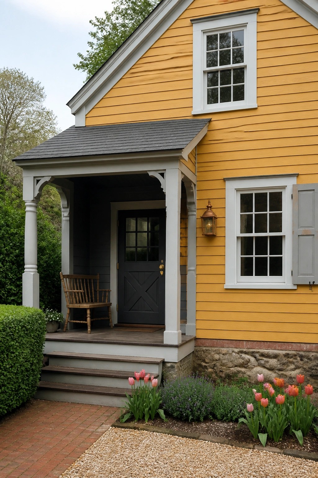 A yellow house exterior with white trim, a small porch, and stone foundation.