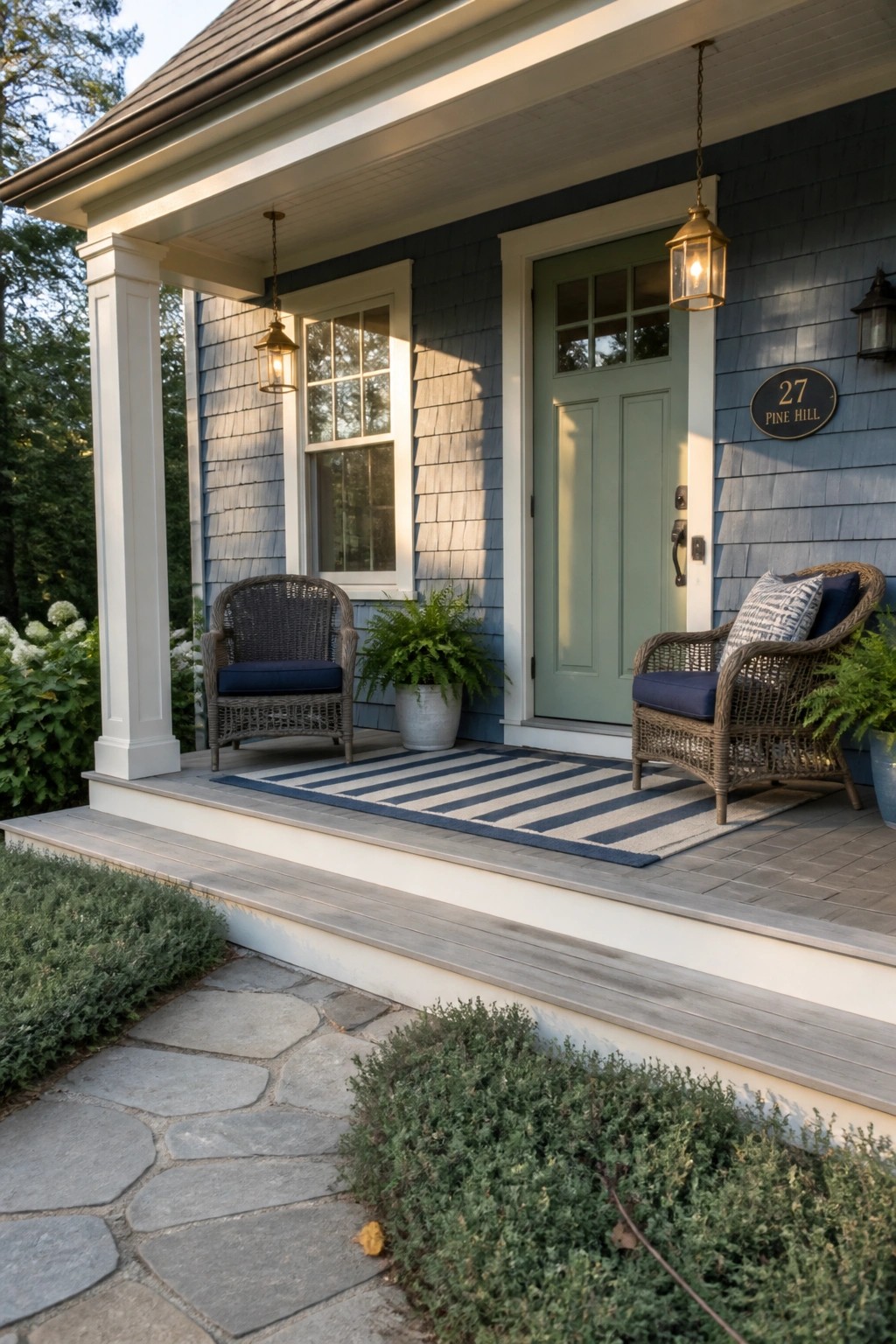 Blue-gray shingle siding with white trim on a small cottage porch.