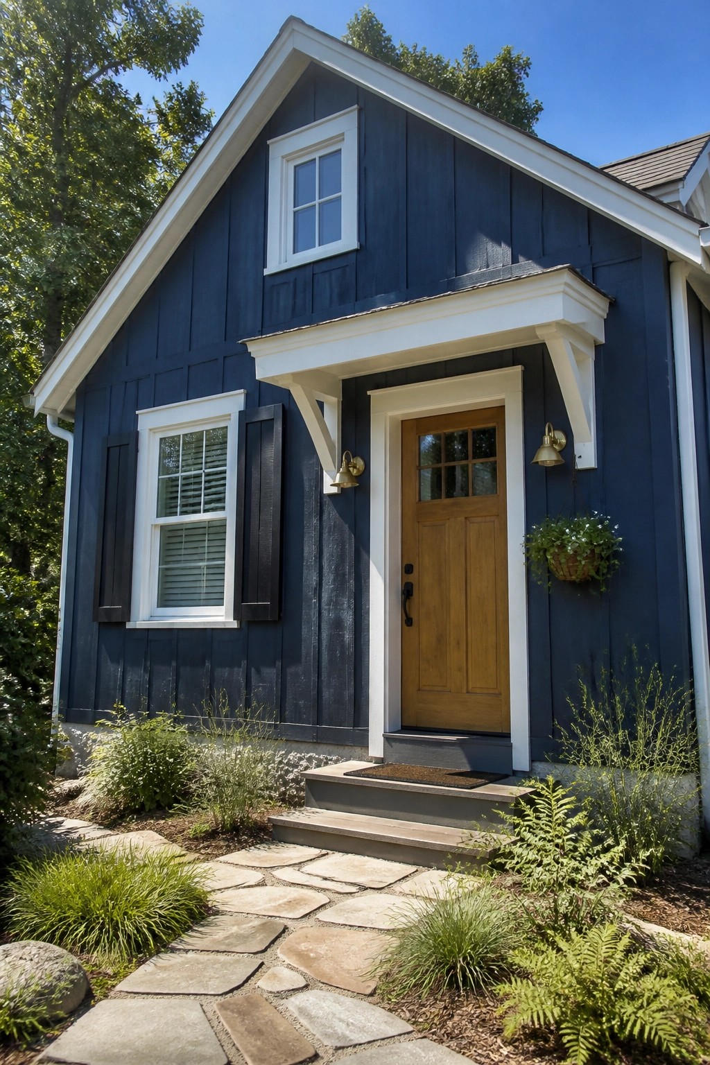 Dark blue house with white trim, wooden door, and stone pathway to entrance