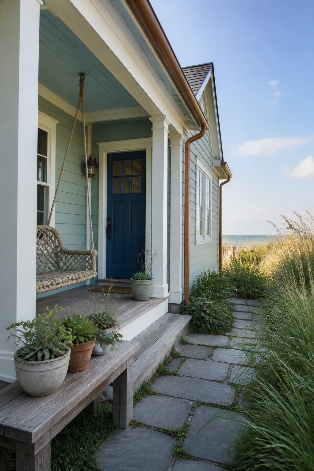 A small cottage with light blue green siding, white trim, and a stone path leading to the porch.