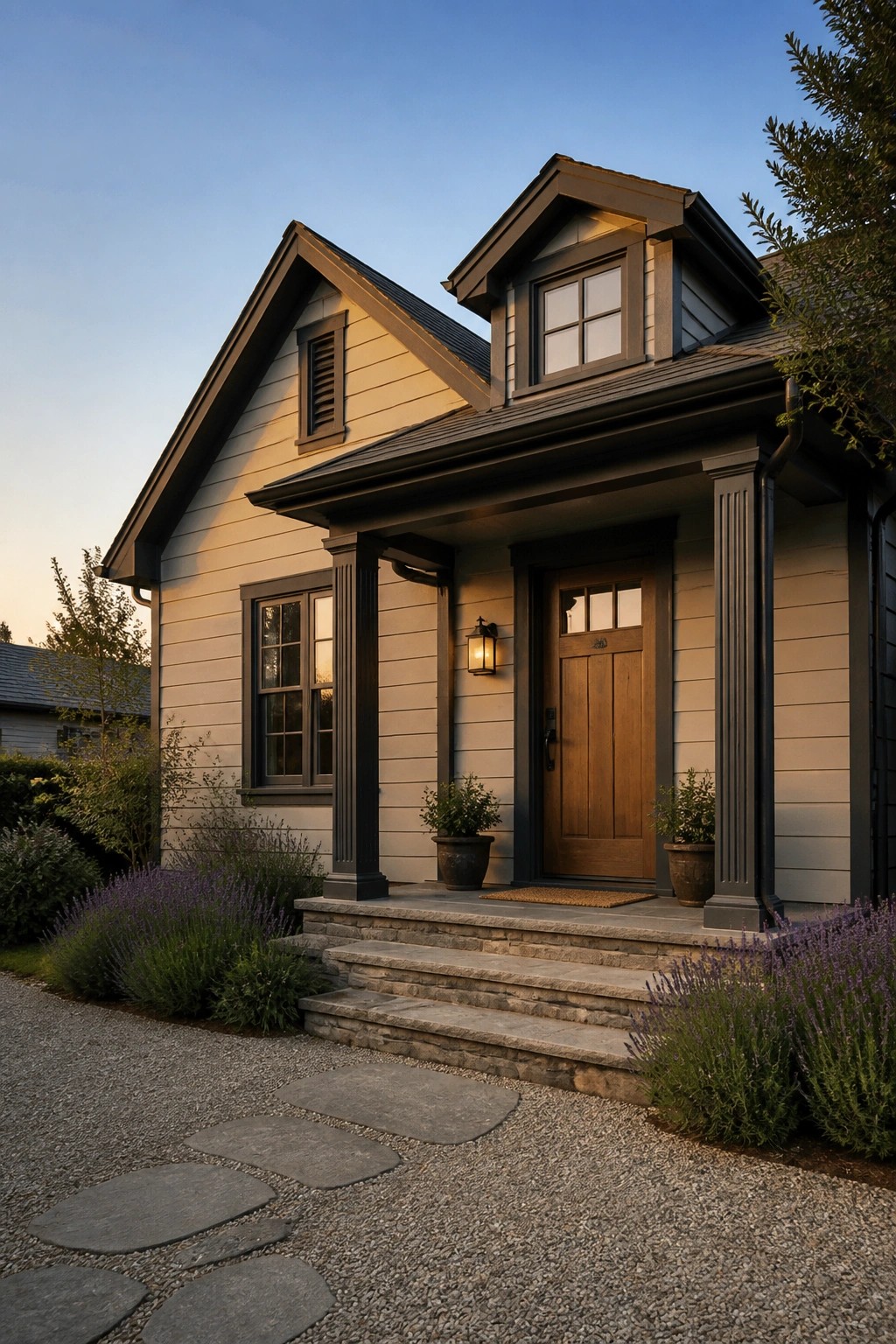 Light greige siding on a small cottage with dark trim and a wood front door.