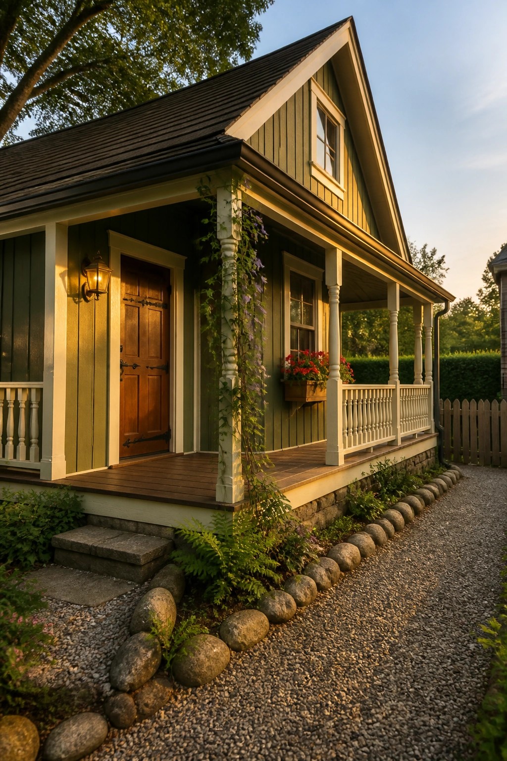 A small cottage with muted sage green siding, white trim, and a stone foundation along a gravel path.